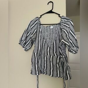 Old Navy White Gray Striped Wrap Blouse